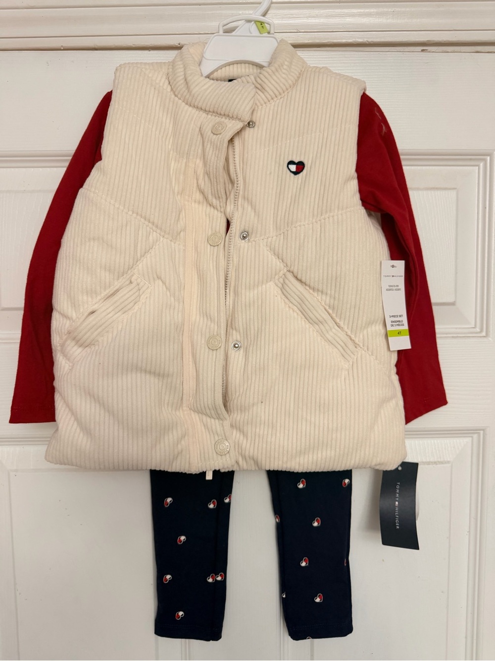 NWT Tommy Hilfiger Toddler Cream Corduroy Puffer Vest with Red Heart Logo